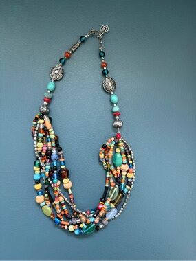 Artisan Hand-Crafted Multi-Strand Statement Necklace Mixed Glass & Stone
